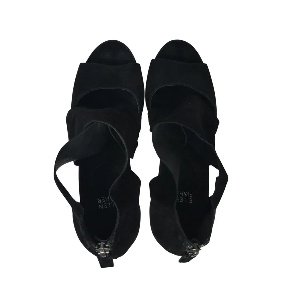 Eileen Fisher Black Leather Open Toe Platform Wedge Sandals Womens 9